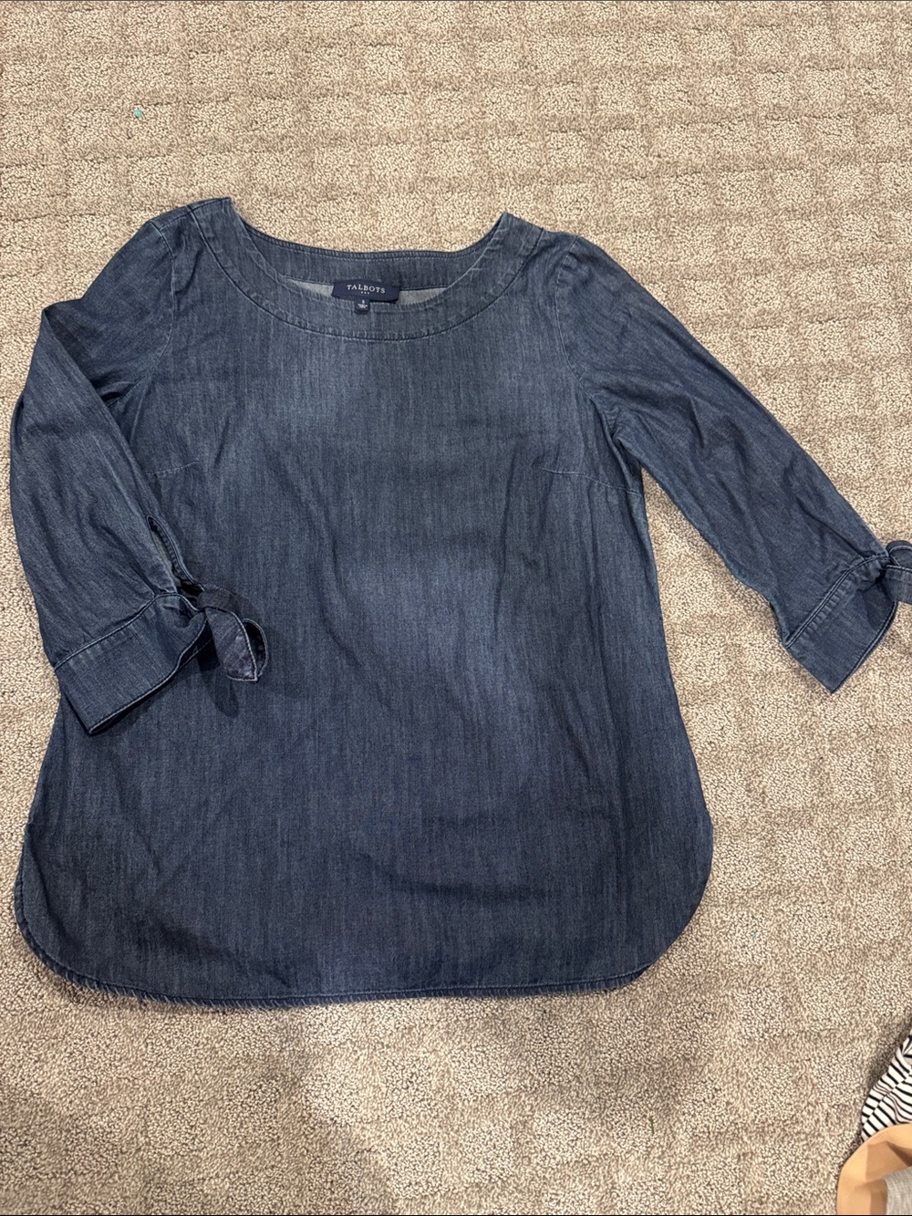 Talbots Dark Blue Denim Tie-Cuff Scoop Neck Blouse